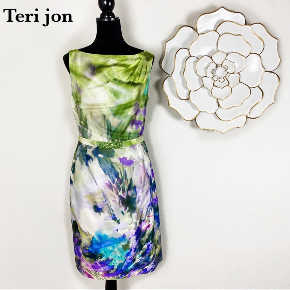 Rickie Freeman Teri Jon watercolor silk dress